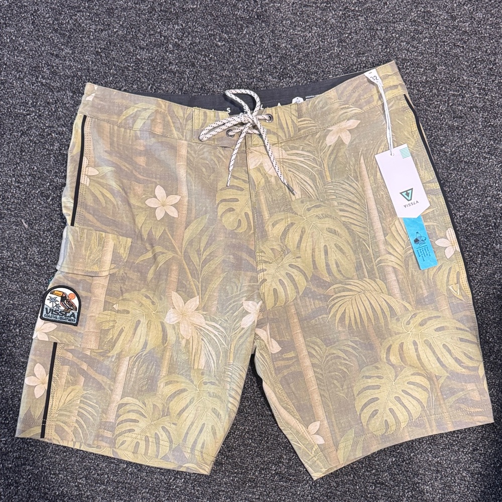 VISSLA Olive Green Tropical Print Swim Shorts